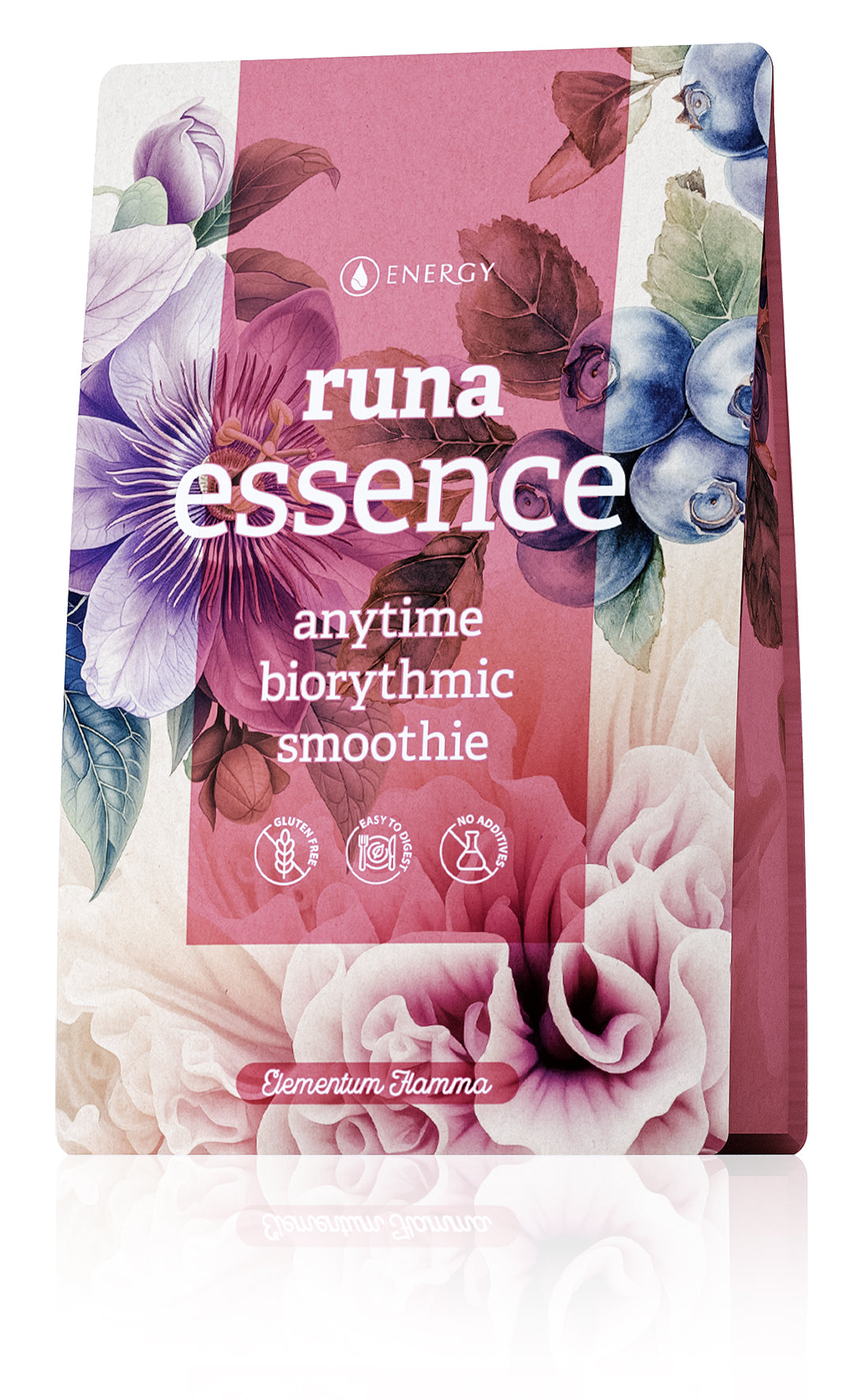 Runa essence 210g natural smoothie powder in vibrant floral packaging, promoting rejuvenation, anti-aging, and collagen boosting benefits.